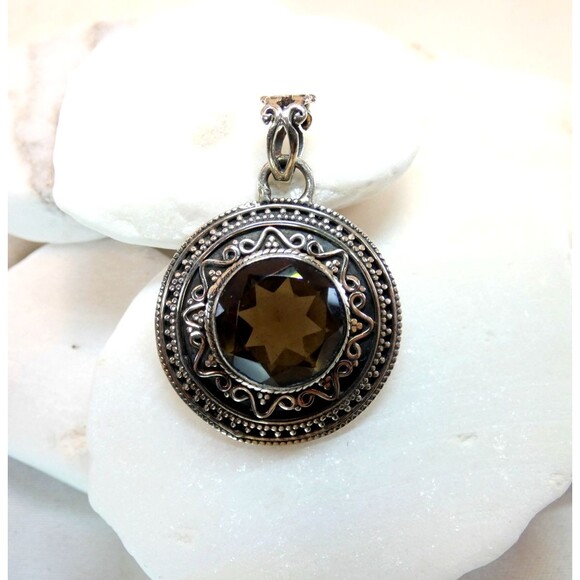 Smoky Quartz Sterling Silver Bali Style Handmade Pendant - Picture 1 of 5